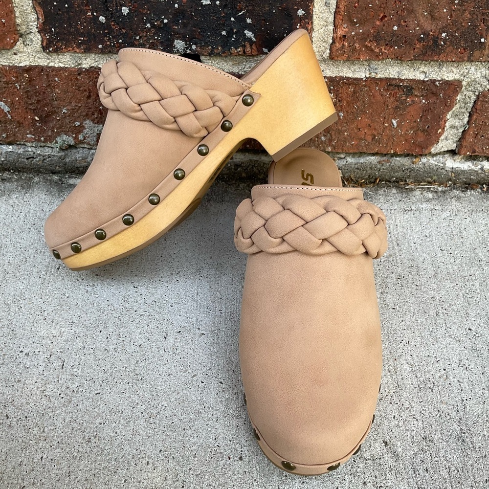 Nude slip on clog with braided strap and rivet details TTS soda brand app 1”heel